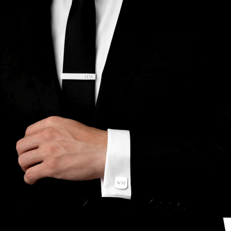 Handmade 925 Sterling Silver WM Square Cufflinks Tie Bar Set